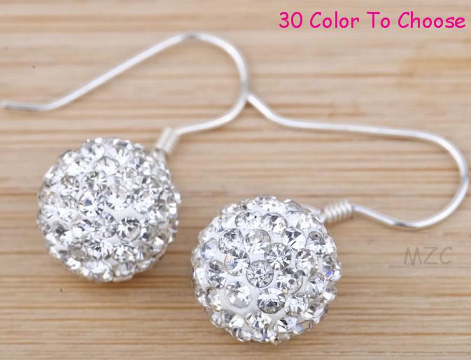 free Shipping!white MPQ 10MM Silver Plate Cheap best Clay Disco Ball Bead Hip Hop Rhinestone crystal Drop Earrings