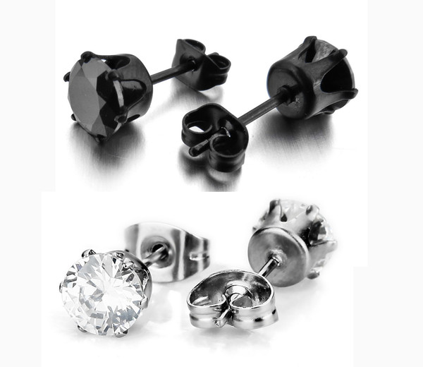 our Stainless Steel Mens Womens Stud Earrings Black Round Cubic Zirconia Inlaid 6mm Free Shipping