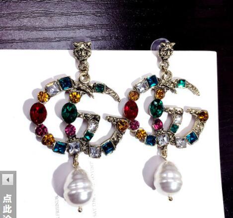 Women Letters Design Earrings Double Layers Crystal Pearl Ear Studs Earrings Women Girl Wedding Jewelry Accessories wholesale