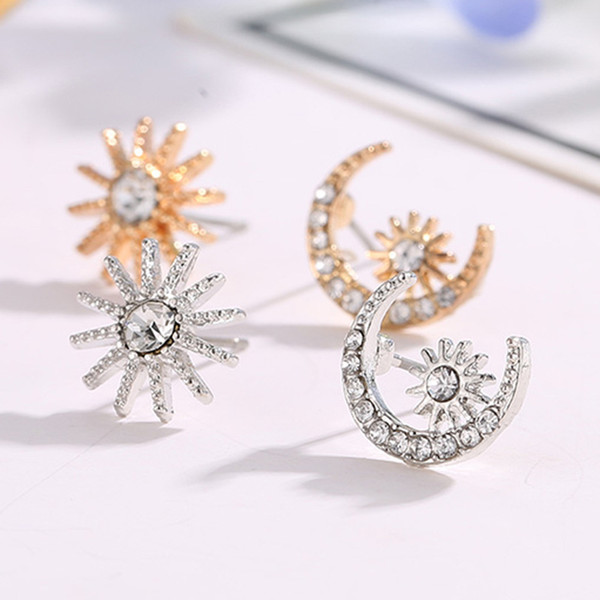 Asymmetric Earrings For Women Trendy Bijoux Moon Star Earring Hot Christmas Gifts Rhinestone Stud Earrings