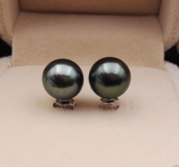 12mm Tahitian AAA+ Black South Sea Shell Pearl Silver Stud Earrings