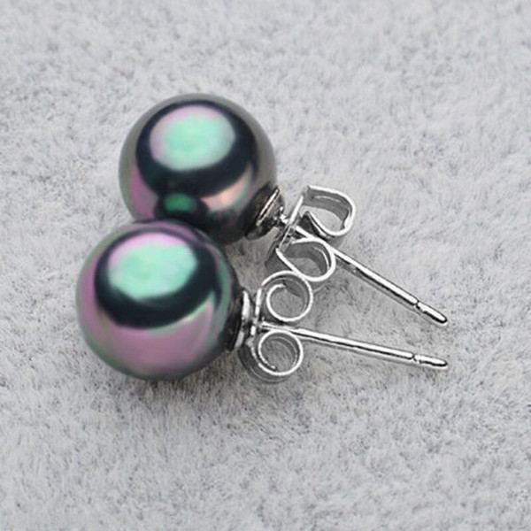 10mm Rainbow Black south sea shell pearl Round Beads Silver Stud earrings AAA+