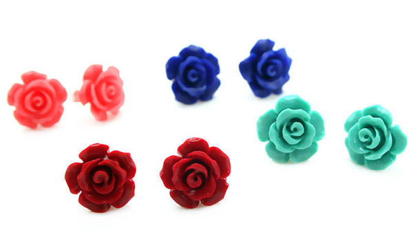 Pretty 4Pair 10mm Pink / Red /Blue /Green Coral Rose Flower Silver Stud Earring