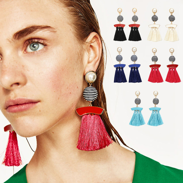 Ethical style line ball stud earrings waterproof wax cotton tassel earrings original design handmade jewelry earrings for women