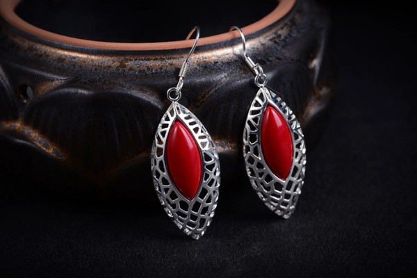 sterling-silver-jewelry HANDMADE VINTAGE NATURAL RED CORAL 925 SILVER MARCASITE Earrings Brincos Ohrringe Sterling Silver Jewelry Earring