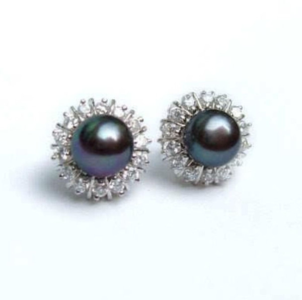 8-9mm Black Natural Pearl Earring Crystal AAA Grade