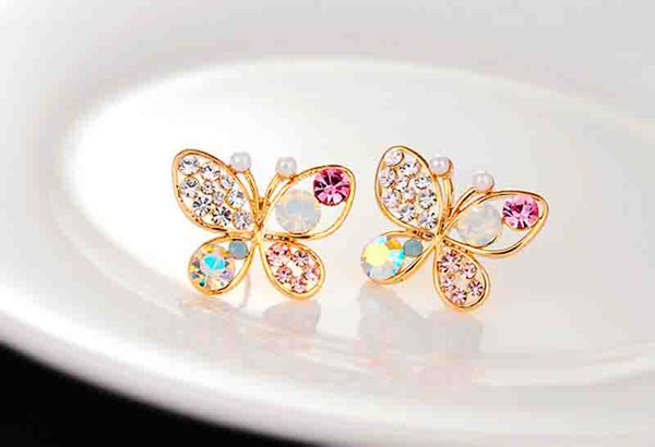 High Quality Women Hollow Butterfly Insect Colorful Crystal Pearl Stud Earrings Wedding Party Gift Diamond Stud Earrings