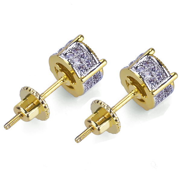 2019 American and European zircon-inlaid round two-tone hip hop stud earrings Tremella cap S925 Free Shipping