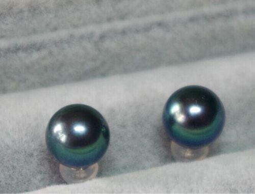 a pair of 10-11mm round tahitian peacock black green pearl earring 18k gold free shipping