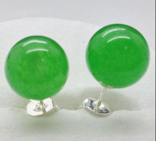 free shipping >New 10mm Natural Green Jade Round Beads Silver Stud Earrings