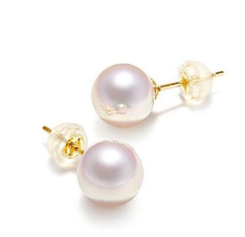 free shipping >AAA 9-10mm round Australian south seas white pearl earring yellow gold