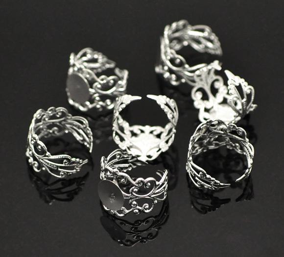 Free shipping 20pcs Copper Plated Silver Adjustable Filigree Cabochon Ring Base Blank Settings US8 Jewelry Findings