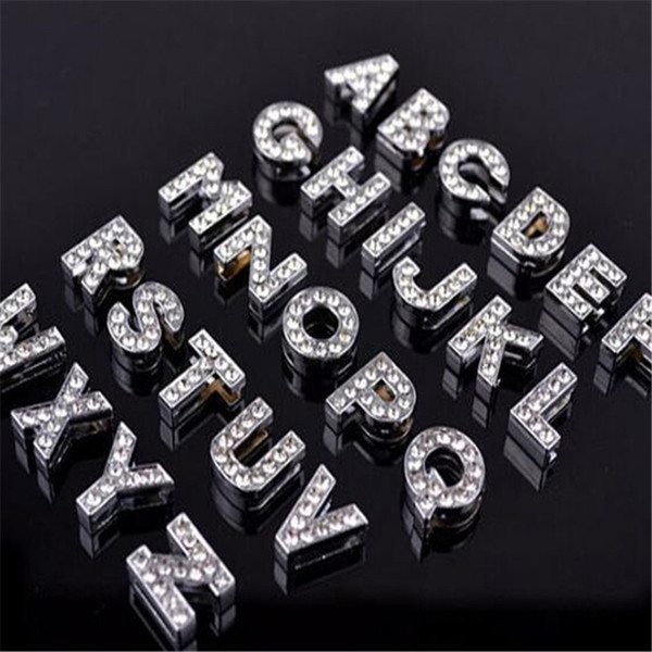 Alphabet Crystal Rhinestone Slider Letter Charm DHL 8mm Silver Bling Number A TO Z Fit Belt Wrist Strap Bracelets