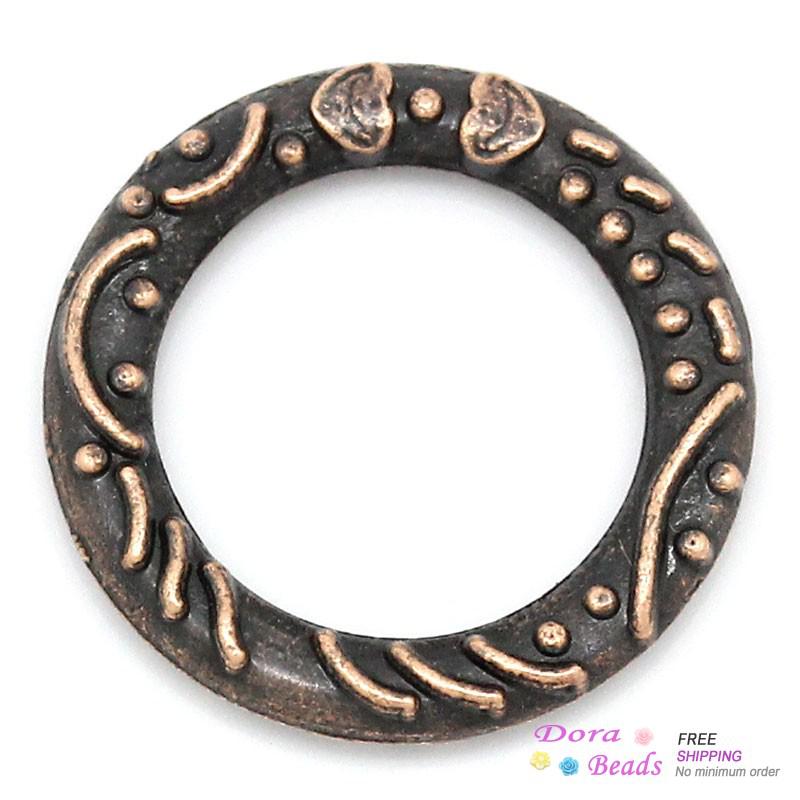 Closed Jump Rings Antique Copper Heart & Stripe Pattern Carved 14mm Dia,100PCs (B31419)