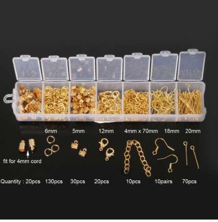 300pcs/set, Mixed Style Kit Gold/Rhodium Accessories (Jump Ring,End Caps,Clasp,Chain,Hook, Pin)for Jewelry Making Findings