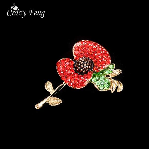 Fashion Red Enamel Rose Gold Color Poppy Flower Crystal Rhinestones Brooches for Women Lapel Pins Jewelry Scarf Collar Gift haif