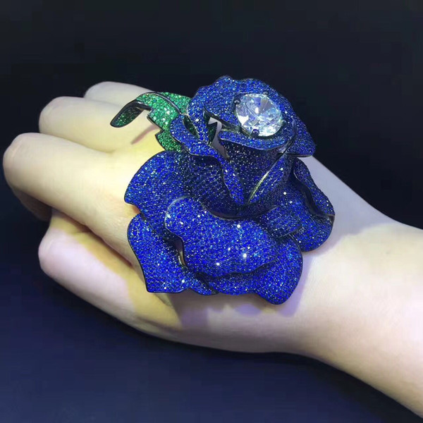 Free shipping color blue zircon micro pave setting rose brooch wholesale free shipping thermal design is unique