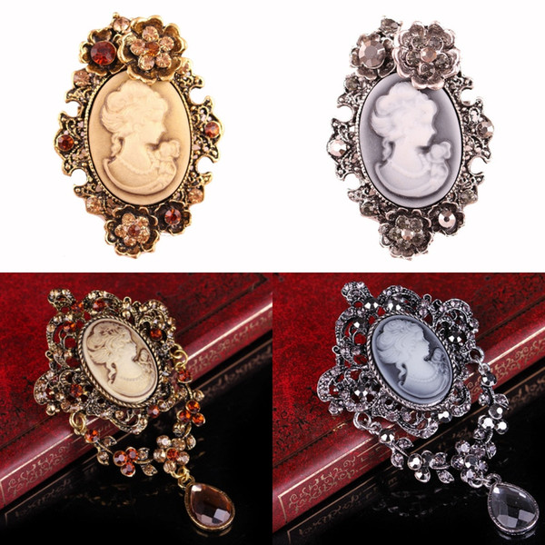 6 Styles Fashion Charm Pin Brooch Jewelry Victorian Lady Cameo Crystal Rhinestone Brooch Girl Exquisite Costume Pin Brooch Pendant B533S