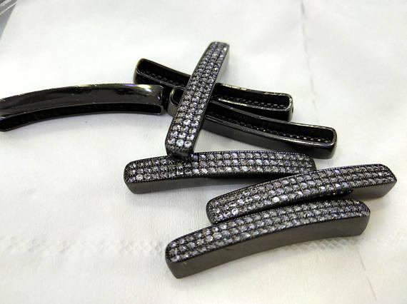 6pcs Gunmetal Micro Pave Diamond Bead 40x6mm Black Jet Bar Tube Bracelet Strand Divider,Jewelry Spacer Accessories