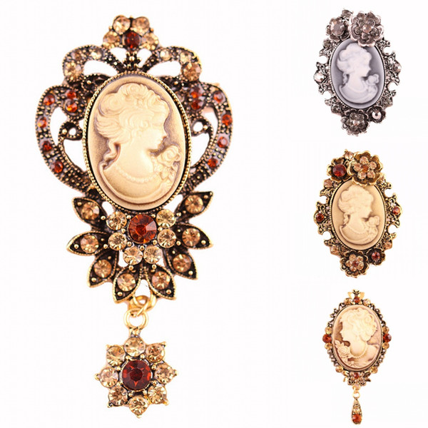 6 Styles Vintage Jewelry Crystal Rhinestone Victorian Lady Cameo Brooch Pin Maiden Exquisite Costume Pin Brooch Free DHL B533S