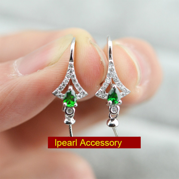 Fashion Green Rhinestones With Zircon Pearl Drop Earrings Holder S925 Sterling Silver Eardrop Jewelry Findings&Components 3Pairs