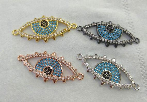 6ocs Micro Pave CZ Evil Eye Connector Pendant 22-30mm, Cubi Zirconia Connector for Necklace CZ Connector bracelet Turkish Evil Eye Charm