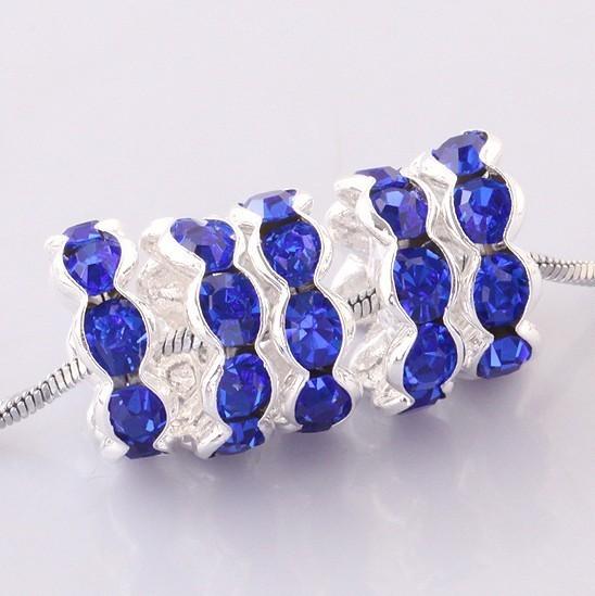 Wholesale Free Shipping !10mm silver plated Blue Crystal Rhinestone Spacer Charms Bead Fits Style Chains