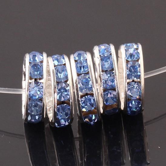 shipping10mm Blue Crystal Metal silver Plated Rondelle Rhinestone Beads Fashion Gem Fittings