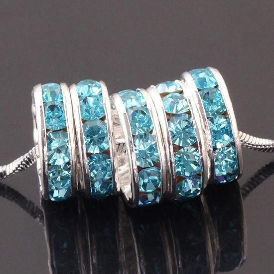 Free Shipping 10mm silver plated Sky Blue Rhinestone Loose Spacer Charm European Beads Fit Craft Bracelets