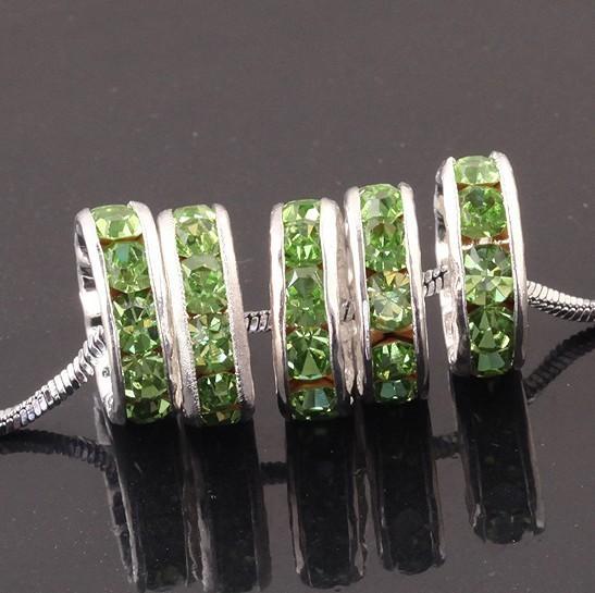 Wholesale Free Shipping 10mm silver plated Light Green Crystal Rhinestone Loose Spacer Charm European Beads Fit Craft Bracelets