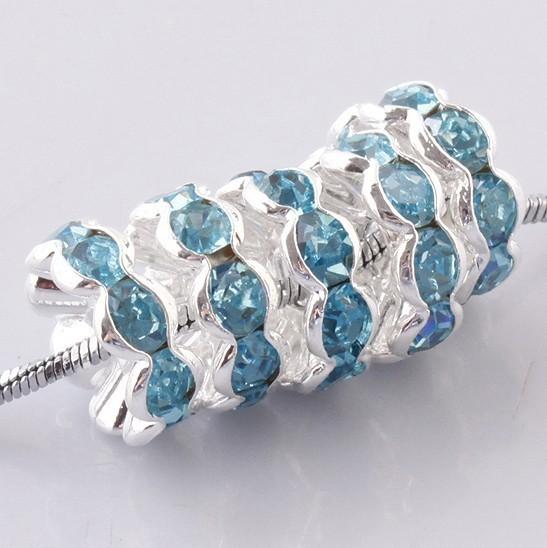 Wholesale Free Shipping 10mm silver plated Sky Blue Crystal Rhinestone Spacer Beads For Bracelet