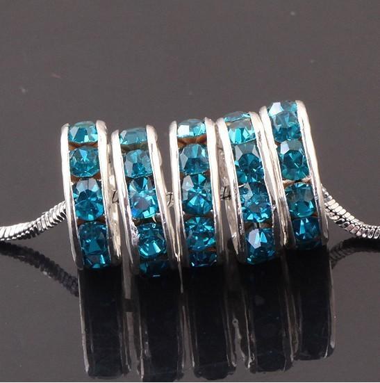 Wholesale Free Shipping 10mm silver plated Ocean Crystal Rhinestone Loose Spacer Charm European Beads Fit Craft Bracelets