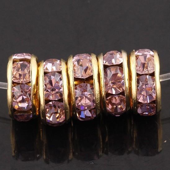 Wholesale Free Shipping 7mm Pink Rhinestone Gold plated Loose Spacer European Craft Beads Findings