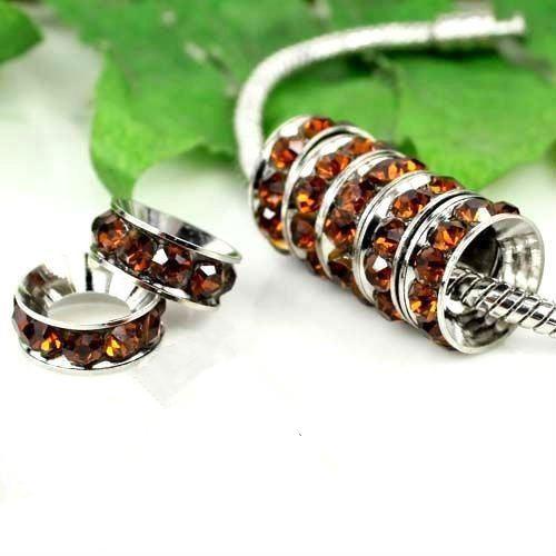 Free Shipping! 10mm 100pcs /Brown Crystal Rhinestone / Big Hole European / Spacers Beads / Fit Charm Bracelet