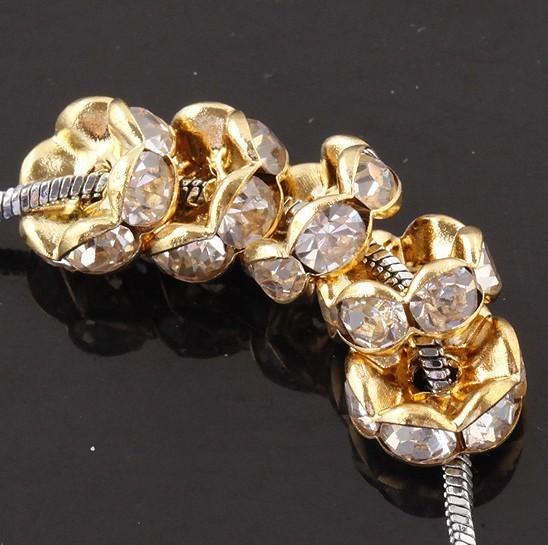 Wholesale Free Shipping 8mm Clear Whiet Rhinestone Gem Spacer Charm Beads Findings Golden Tone