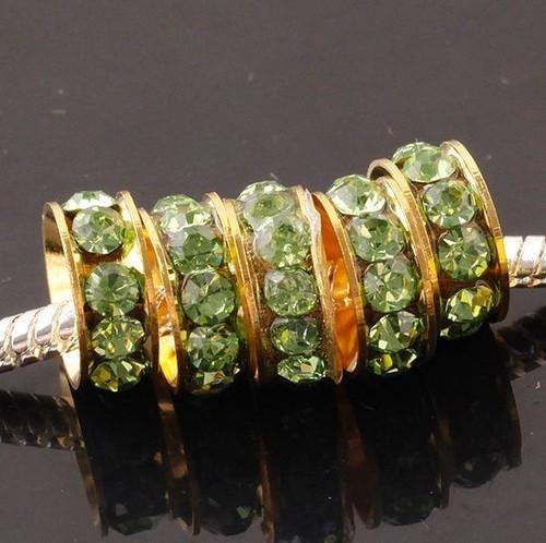 Free Shipping10mm Gold Plated Green Crystal Rhinestones Sideways Spacer Big Hole Charm Beads Jewelry Findings