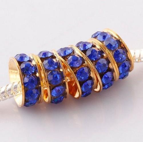 Free Shipping10mm Gold Plated deep blue Crystal Rhinestones Sideways Spacer Big Hole Charm Beads