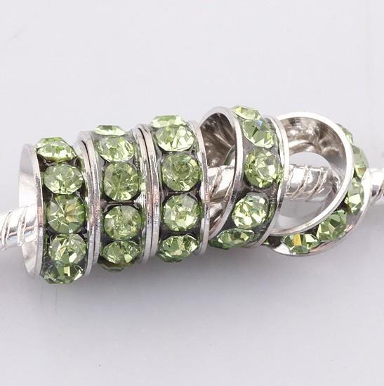 Wholesale18KGP 10MM Light Green Crystal Rhinestones Sideways Spacer Big Hole Charm Beads Loose Beads