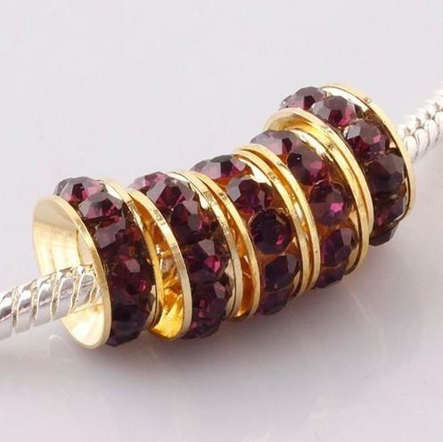 Free Shipping10mm Gold Plated Purple Crystal Rhinestones Sideways Spacer Big Hole Charm Beads Jewelry Findings