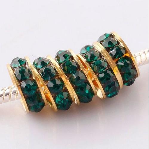 Free Shipping10mm Gold Plated deep green Crystal Rhinestones Sideways Spacer Big Hole Charm Beads Jewelry Findings