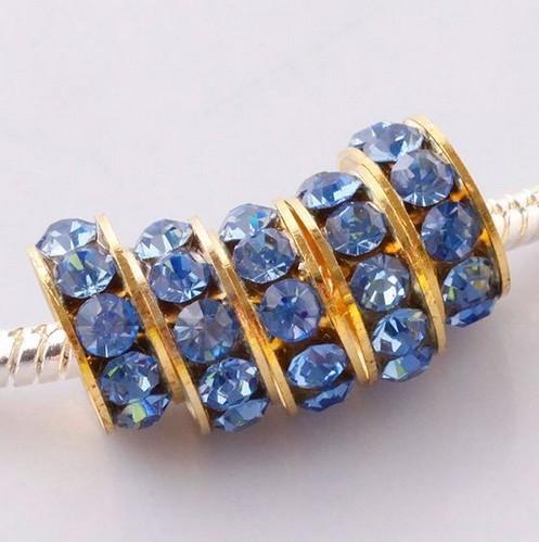 Free Shipping10mm Gold Plated Light Blue Crystal Rhinestones Sideways Spacer Big Hole Charm Beads