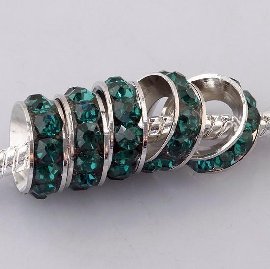 Free shipping 18KGP 10MM Deep Green Crystal Rhinestones Sideways Spacer Big Hole Charm Beads Loose Beads