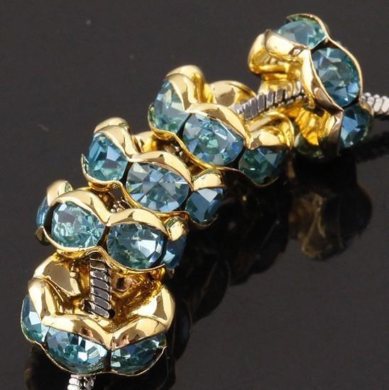 Free Shipping 8mm gold plated Inlay Lake Blue Rhinestone Loose Spacer Charm European Beads Craft Findings