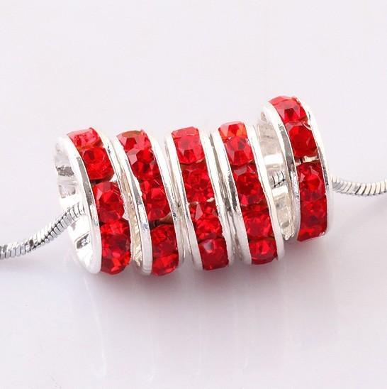 Free Shipping10mm silver plated Red Crystal Rhinestone Loose Spacer Charm European Beads Fit Craft Bracelets