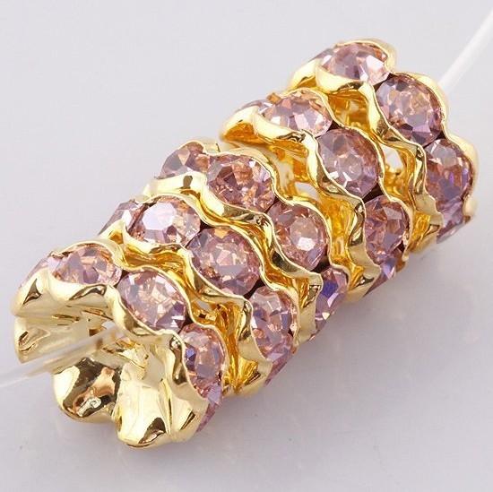 Pink Crystal Spacer Beads Jewelry Findings, Metal Gold Plated Rondelle Rhinestone Beads Fashion Gem Fittings 10MM