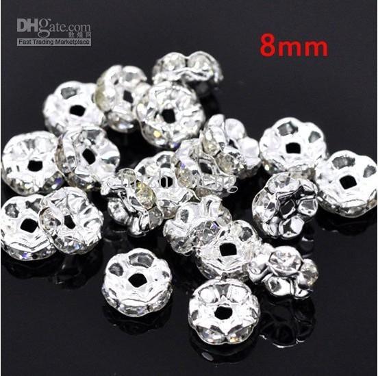 Free shipping! A 8mm silver plated Flower Side Rhinestone Rondelle Spacers Beads