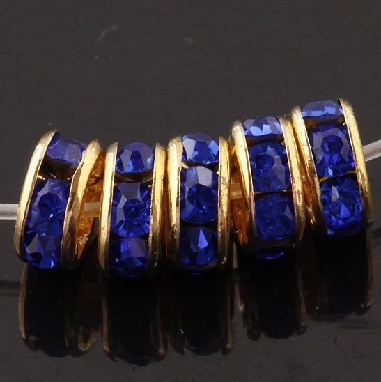 Wholesale Free Shipping 6MM Blue Rhinestone Gold Plated Spacer Loose Beads Jewelry Findings