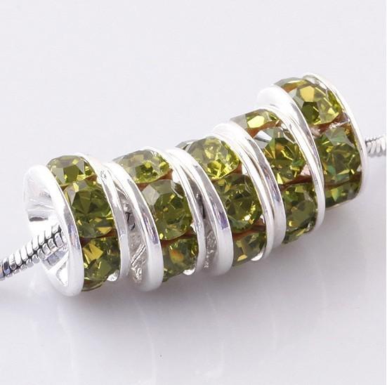 Wholesale Free Shipping Light Green Rhinestone Silver plated Spacer Charm Beads Findings 6mm