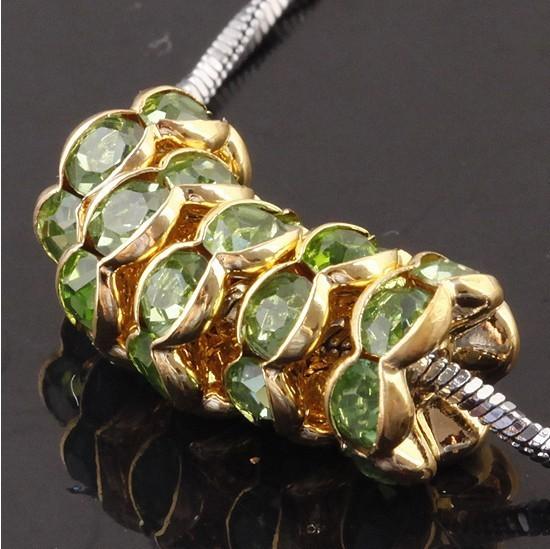 Wholesale Free Shipping 6MM gold plated Light Green Crystal Rhinestone Loose Spacer Charm European Beads Findings