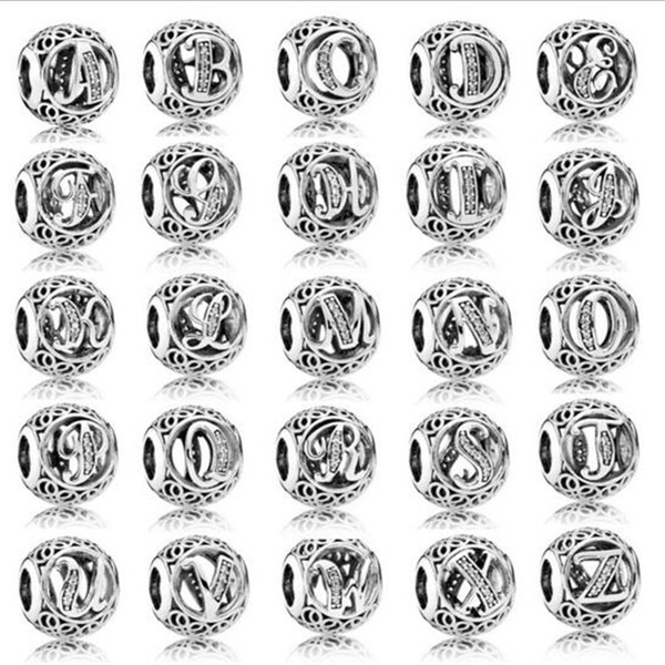 925 Sterling Silver Charm Beads Letters with Diamond for Jewelry Making 26 English Letters Fit European Jewelry Charm for Bracelets